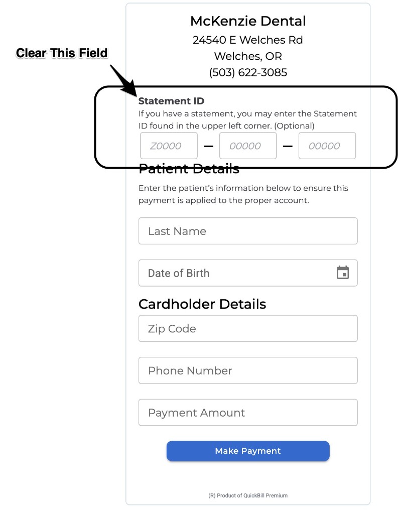 Payment form showing the Statement ID fields; clear these if your browser autofills them.